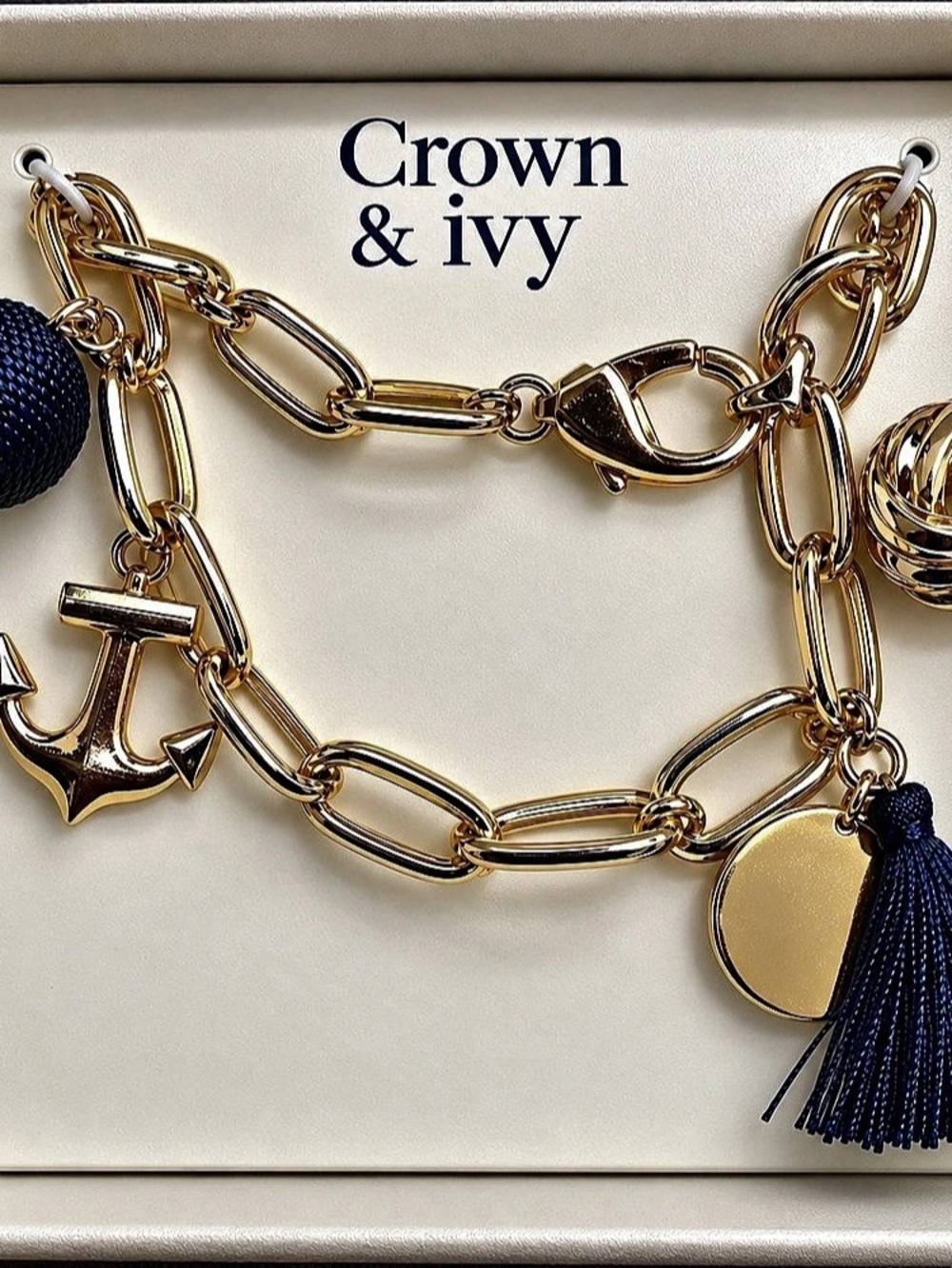 Crown & Ivy Gold Tone Nautical Charm Bracelet Navy Tassel Anchor